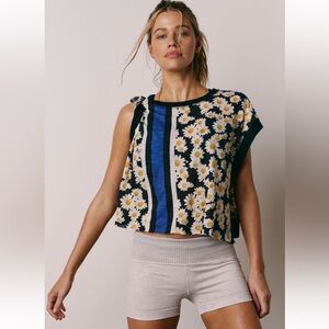 FP Movement by Free People Black Daisy Print Short Sleeve Tee with Blue Stripe